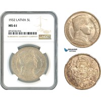AK709, Latvia, 5 Lati 1932, Silver, NGC MS61