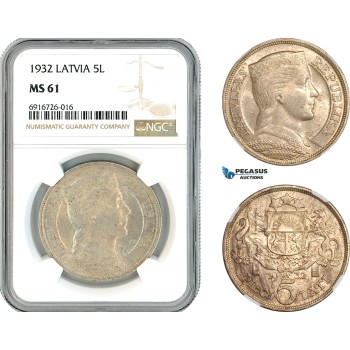 AK709, Latvia, 5 Lati 1932, Silver, NGC MS61