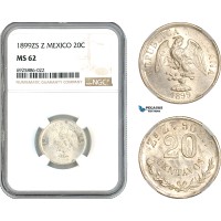 AK712, Mexico, 20 Centavos 1899 Zs Z, Zacatecas Mint, Silver, NGC MS62