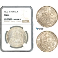 AK714, Peru, 1 Sol 1872 YJ, Lima Mint, Silver, NGC MS62