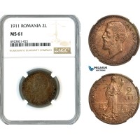 AK715, Romania, Carol I, 2 Lei 1911, Silver, NGC MS61