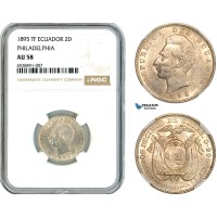 AK743, Ecuador, 2 Decimos 1895 TF, Philadelphia Mint, Silver, NGC AU58