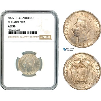 AK743, Ecuador, 2 Decimos 1895 TF, Philadelphia Mint, Silver, NGC AU58
