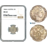 AK759, Austria, Ferdinand I, 3 Kreuzer 1846 A, Vienna Mint, Silver, NGC MS64