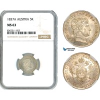 AK760, Austria, Ferdinand I, 5 Kreuzer 1837 A, Vienna Mint, Silver, NGC MS63, Top Pop & Single finest graded!