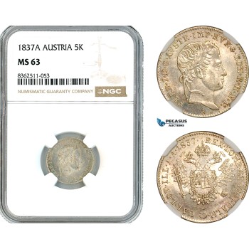 AK760, Austria, Ferdinand I, 5 Kreuzer 1837 A, Vienna Mint, Silver, NGC MS63, Top Pop & Single finest graded!