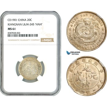 AK764, China, Kiangnan, 20 Cents 1901, L&M-245 "HAH" Silver, NGC MS61