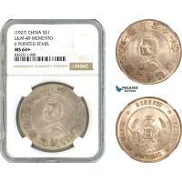 AK766, China, “Memento” Dollar 1927, Silver, L&M-49, 6 Pointed Stars, NGC MS64+