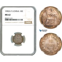 AK767, French Indo-China, 10 Centimes 1902 A, Paris Mint, Silver, NGC MS62