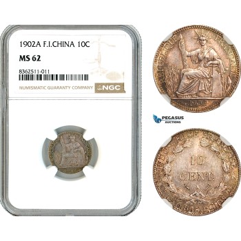 AK767, French Indo-China, 10 Centimes 1902 A, Paris Mint, Silver, NGC MS62