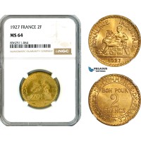 AK769, France, Third Republic, 2 Francs 1927, Paris Mint, NGC MS64, Rare!
