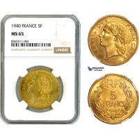 AK770, France, Third Republic, 5 Francs 1940, Paris Mint, NGC MS65