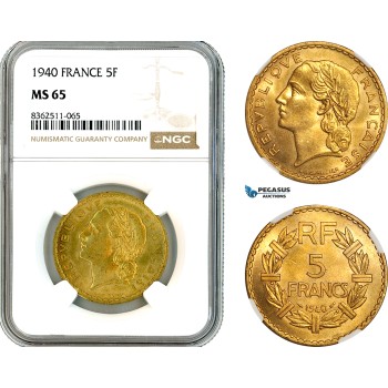 AK770, France, Third Republic, 5 Francs 1940, Paris Mint, NGC MS65
