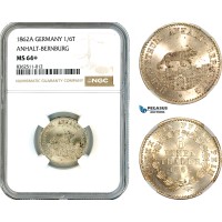 AK771, Germany, Anhalt-Bernburg, Alexander Karl, 1/6 Thaler 1862 A, Berlin Mint, Silver, NGC MS64+