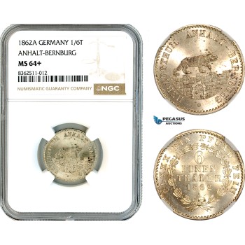 AK771, Germany, Anhalt-Bernburg, Alexander Karl, 1/6 Taler 1862 A, Berlin Mint, Silver, NGC MS64+