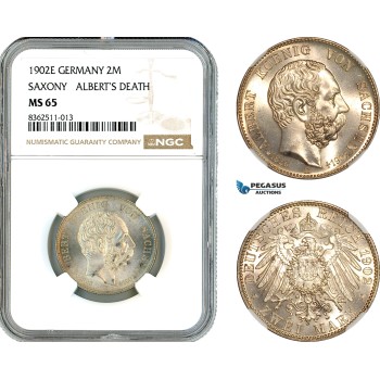 AK772, Germany, Saxony, Albert, 2 Mark 1902 E, Muldenhütten Mint, Albert's Death, Silver, NGC MS65 AK772, Germany, Saxony, Albert, 2 Mark 1902 E, Muldenhütten Mint, Albert's Death, Silver, NGC MS65