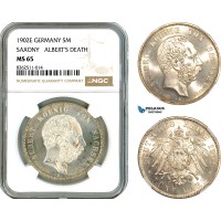 AK773, Germany, Saxony, Albert, 5 Mark 1902 E, Muldenhütten Mint, Albert's Death, Silver, NGC MS65