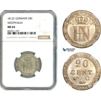AK774, Germany, Westphalia, Hironymus Napoleon, 20 Centimes 1812 C, Kassel Mint, Silver, NGC MS64, Top Pop!