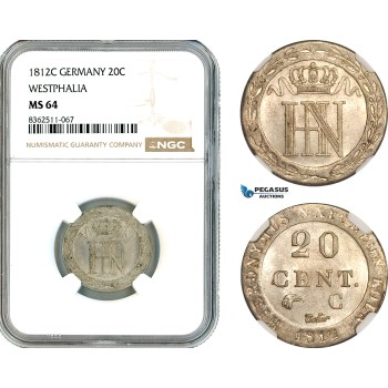 AK774, Germany, Westphalia, Hironymus Napoleon, 20 Centimes 1812 C, Kassel Mint, Silver, NGC MS64