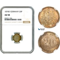 AK775, Germany, Empire, 20 Pfennig 1874 D, Munich Mint, Silver, NGC AU58