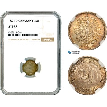 AK775, Germany, Empire, 20 Pfennig 1874 D, Munich Mint, Silver, NGC AU58