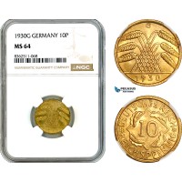 AK776, Germany, Weimar, 10 Reichspfennig 1930 G, Karlsruhe Mint, NGC MS64