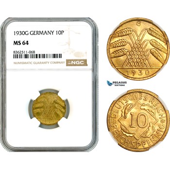 AK776, Germany, Weimar, 10 Reichspfennig 1930 G, Karlsruhe Mint, NGC MS64