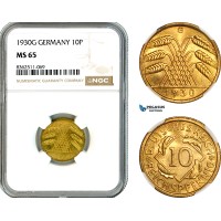 AK777, Germany, Weimar, 10 Reichspfennig 1930 G, Karlsruhe Mint, NGC MS65, Top Pop & SIngle finest graded!
