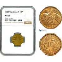 AK778, Germany, Weimar, 10 Reichspfennig 1934 F, Stuttgart Mint, NGC MS65