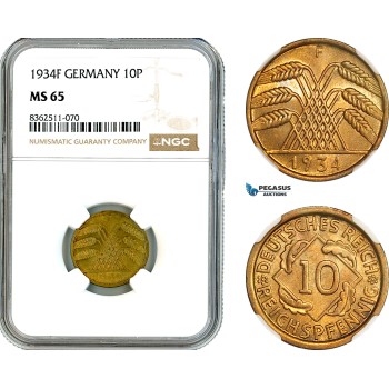 AK778, Germany, Weimar, 10 Reichspfennig 1934 F, Stuttgart Mint, NGC MS65