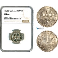AK779, Germany, Third Reich, 1 Reichsmark 1938 E, Muldenhütten Mint, NGC MS66, Top Pop!