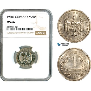 AK779, Germany, Third Reich, 1 Reichsmark 1938 E, Muldenhütten Mint, NGC MS66