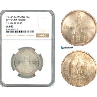 AK780, Germany, Third Reich, 5 Reichsmark 1934 A, Berlin Mint, Potsdam Church, Silver, NGC MS62