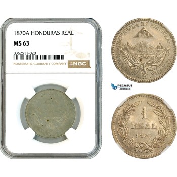 AK782, Honduras, 1 Real 1870 A, Paris Mint, NGC MS63