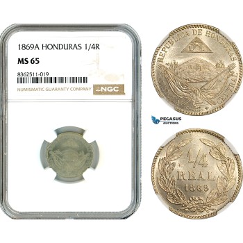 AK783, Honduras, 1/4 Real 1869 A, Paris Mint, NGC MS65
