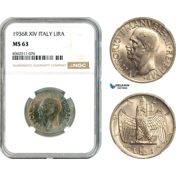 AK787, Italy, Vittorio Emanuele III, 1 Lira 1936 R, Rome Mint, NGC MS63