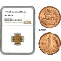 AK788, Lithuania, 1 Centas 1936, NGC MS63RB