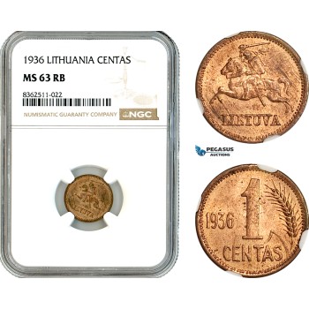 AK788, Lithuania, 1 Centas 1936, NGC MS63RB