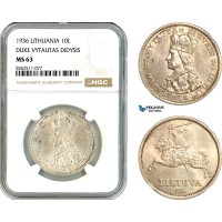 AK790, Lithuania, 10 Litu 1936, Duke Vytautas Didysis, Silver, NGC MS63