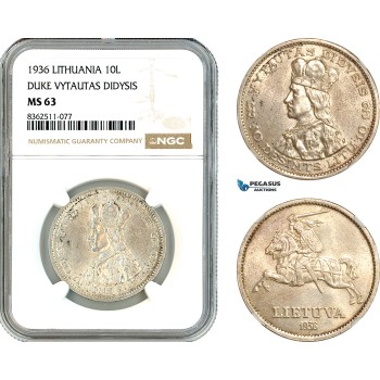 AK790, Lithuania, 10 Litu 1936, Duke Vytautas Didysis, Silver, NGC MS63