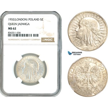 AK792, Poland, 5 Zlotych 1932 "Queen Jadwiga" London Mint, Silver, NGC MS62