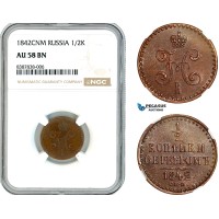 AK793, Russia, Nicholas I, 1/2 Kopek 1842 СПМ, Izhora Mint, NGC AU58BN
