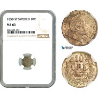 AK799, Sweden, Oscar I, 10 Öre 1858 ST, Kungliga Mint, Silver, NGC63