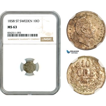 AK799, Sweden, Oscar I, 10 Öre 1858 ST, Kungliga Mint, Silver, NGC63