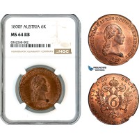 AK800, Austria, Franz II, 6 Kreuzer 1800 F, Hall Mint, NGC MS64RB, Top Pop!