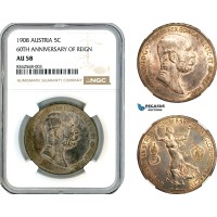 AK801, Austria, Franz Joseph, "60TH ANNIVERSARY OF REIGN" 5 Corona 1908, Vienna Mint, Silver, NGC AU58