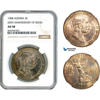 AK801, Austria, Franz Joseph, "60TH ANNIVERSARY OF REIGN" 5 Corona 1908, Vienna Mint, Silver, NGC AU58