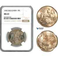 AK802, Bulgaria, Boris III, 10 Leva 1943, Vienna Mint, NGC MS63