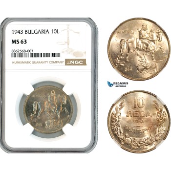 AK802, Bulgaria, Boris III, 10 Leva 1943, Vienna Mint, NGC MS63