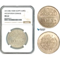 AK806, Egypt, British Occupation, Fuad I, 10 Piastres AH1338/1920 H, Heaton Mint, Silver, NGC MS62